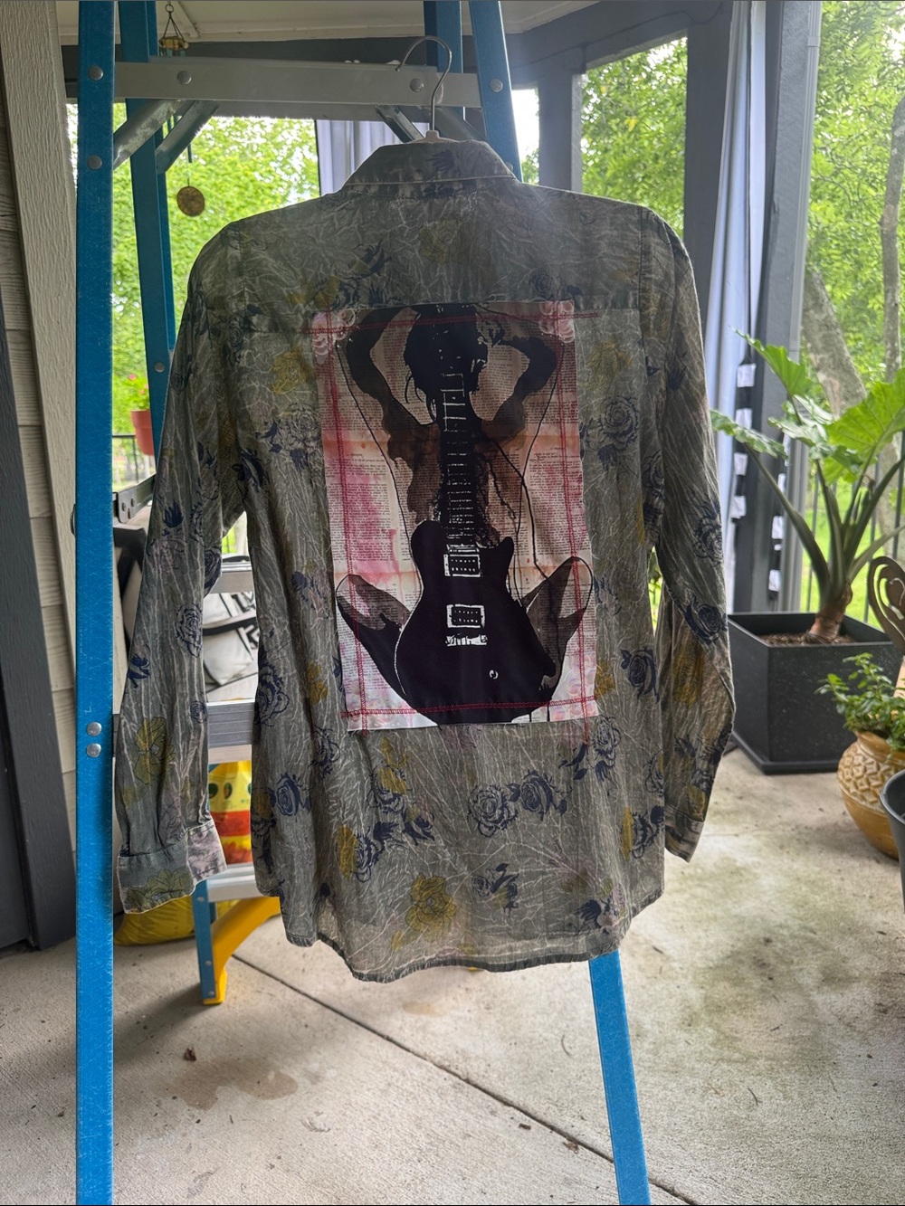 Vintage-Inspired Button Down Shirt with Guitar Back Print - Olive Floral